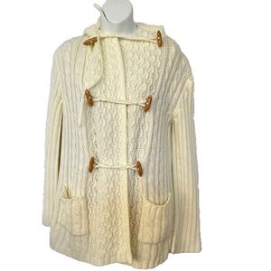 VTG Cardigan Sweater Barbra Sue Size M Toggles Hood Pockets Cream Cables